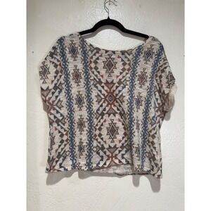 Ginger G Womens Southwestern Geometric Knit Top Blue Brown Size S Boxy Tee